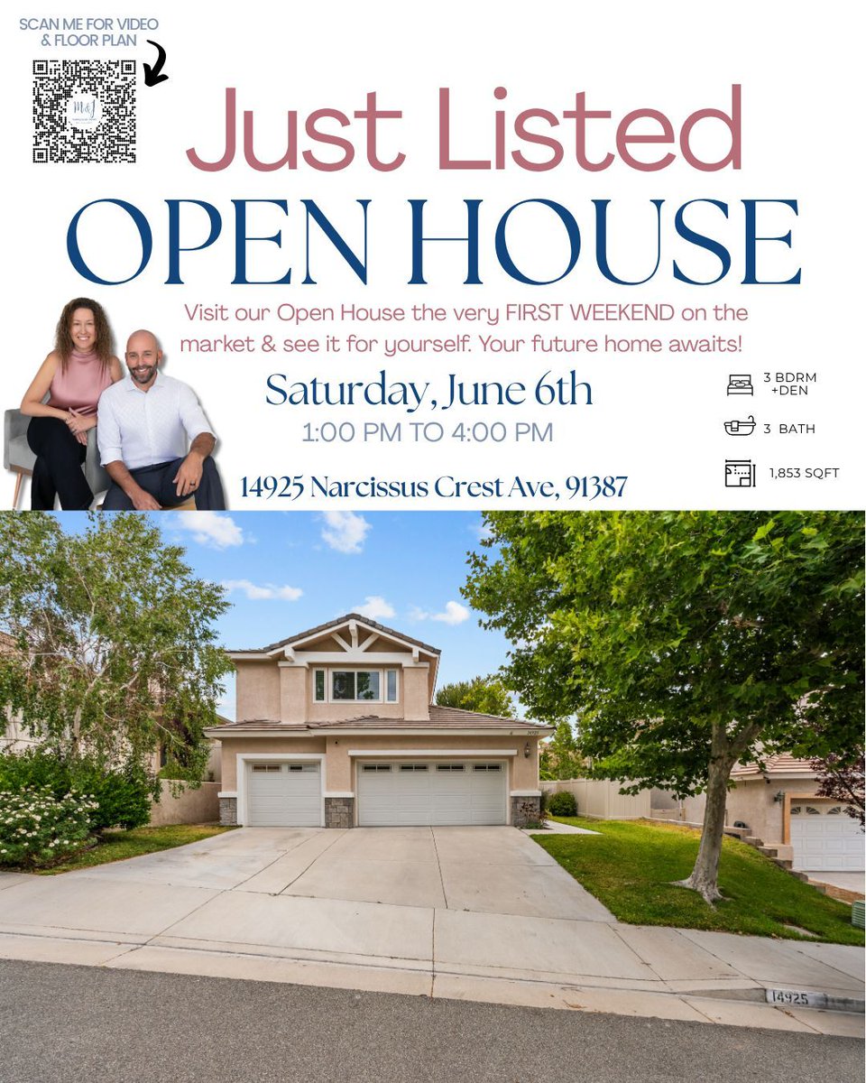 DubnerSCVRE's tweet photo. 🏡 First Open House!

📍14925 Narcissus Crest Ave, Santa Clarita
🗓 Sat, June 6
⏰ 1–4 PM

Mountain views, cul-de-sac location, soaring ceilings, downstairs office, covered patio &amp; 3-car garage.
Come see this beautiful new listing. We'd love to welcome you in! 👋

#OpenHouse #SCV https://t.co/7EKrro51MD
