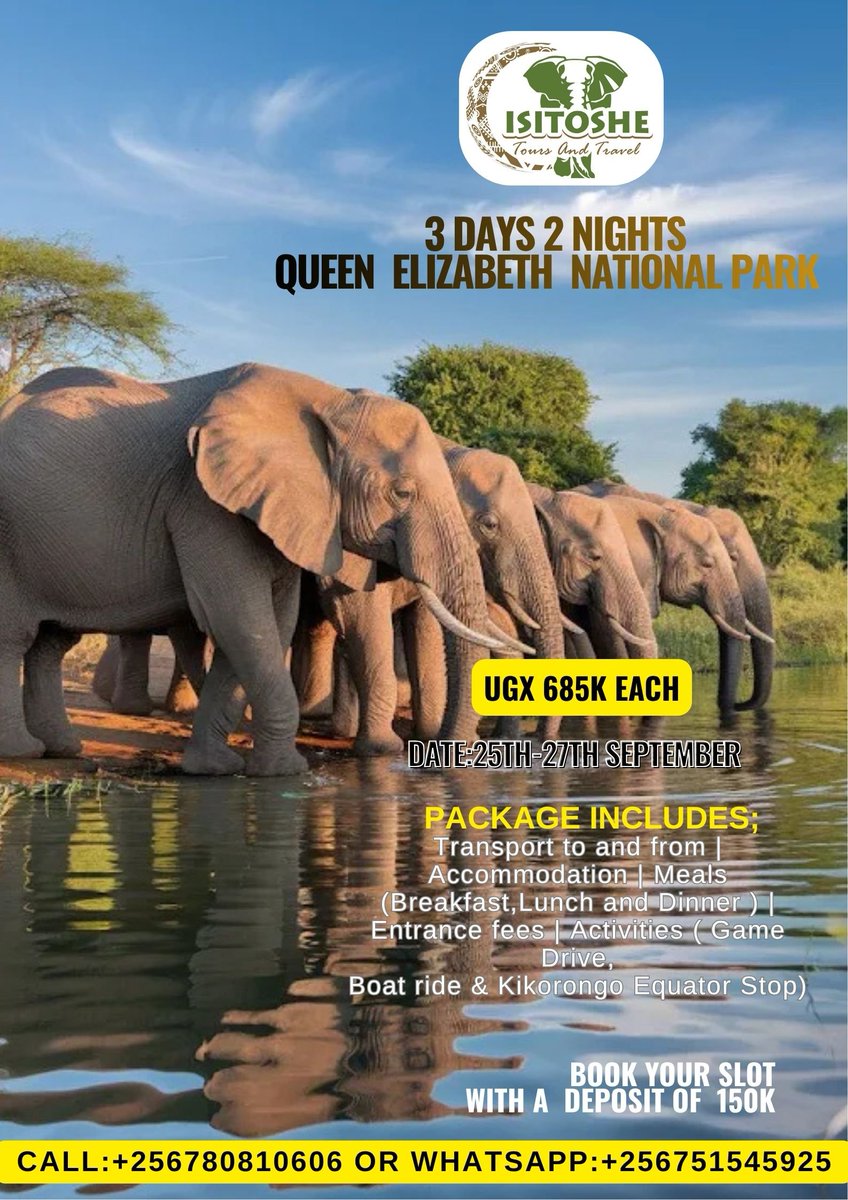 JaoTestimony's tweet photo. Join our all-inclusive group safari to Queen Elizabeth National Park from Sept 25–27. Everyone is welcome to enjoy wildlife drives and boat cruises! Book your slot with a 150K deposit today.
#IsitosheTours #InclusiveTravel #ExploreUganda #QueenElizabethNationalPark https://t.co/T4gNPcxvHJ