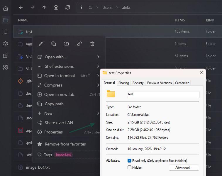 sigma__dev's tweet photo. SFM progress: New feature (Windows only): native "Properties" window

Changes:
- Added "Properties" option to context menu
- Added ability to open "Properties" window for selected items with `Alt+Enter`
- Added ability to open "Properties" window for specific item with `Alt+DoubleClick`
- Added new shortcut `Alt+Enter` for opening "Properties" window