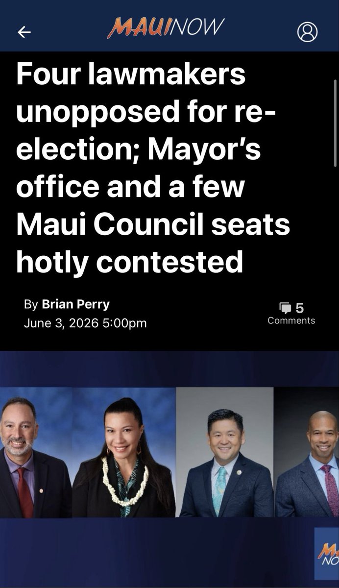 MauiNOW's tweet photo. Two Maui County Council members are headed back to office without a fight, along with Central Maui Sen. Troy Hashimoto and Kahului Rep. Justin Woodson who're also uncontested for re-election. https://t.co/atZ3ayjBLK https://t.co/3knkg2QBvO