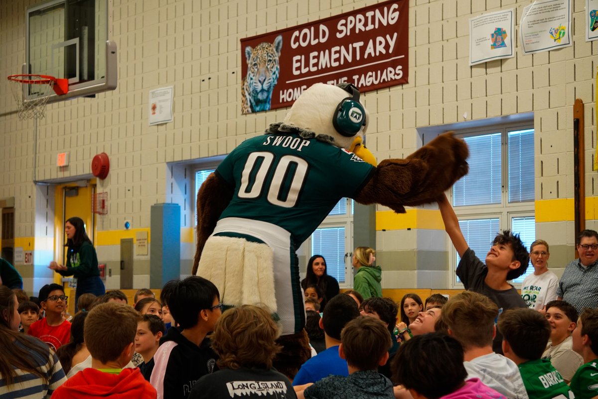 CBSDSchools's tweet photo. Cold Spring students scored a big win for a great cause!  After raising more than $11,500 for the Eagles Autism Foundation and surpassing their $10,000 goal, students celebrated with a special visit from Eagles mascot SWOOP. Great job, Cold Spring! https://t.co/QQry9qDLiE