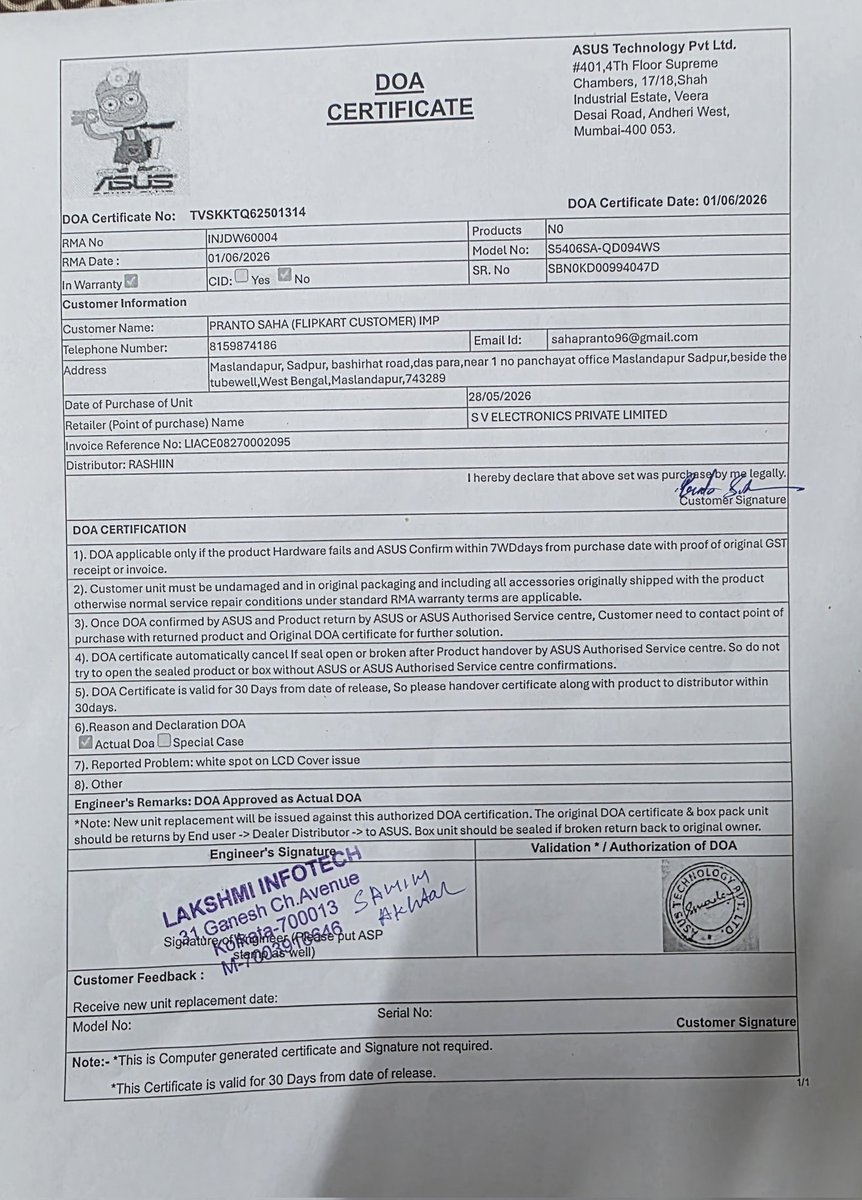 PRANTO_SHA's tweet photo. I am writing to register a formal complaint against the wrongful and fraudulent rejection of my replacement request for an ASUS laptop purchased recently via Flipkart.

Here is the timeline of events:
1. Product Delivery & Inspection: On the day of delivery, during the Open Box inspection, a major defect (white spot on the back panel) was discovered. I have the entire process recorded on video.
2. Replacement Raised & Technician Visit: I raised a replacement request immediately. A technician visited my residence on June 3, 2026.
3. Verification & DOA Issued: The technician thoroughly inspected the laptop, confirmed the defect, officially issued a DOA certificate to me, and completely sealed the product pack for return. He stated the product was ready for replacement.
4. Arbitrary Rejection: Today afternoon, I received an SMS stating that my replacement request was rejected based on "technician feedback". This is completely false and a blatant lie, as the technician himself gave me a DOA certificate.
5. Poor Support: I tried contacting customer support thrice today, but the executives kept the call silent for over 2 minutes each time without responding.

I have strong evidence supporting my claim. Attached to this email are:
1. A copy of the official DOA Certificate issued by the technician.
2. Photograph of the sealed laptop box packed by the technician.
3. Screenshot of the unfair rejection message from Flipkart.

If Flipkart fails to approve my replacement or issue a full refund immediately, I will be forced to file an official case with the National Consumer Disputes Redressal Commission (NCDRC) / National Consumer Helpline (NCH) without any further delay.

I expect a swift response and resolution. 
@Flipkart @flipkartsupport