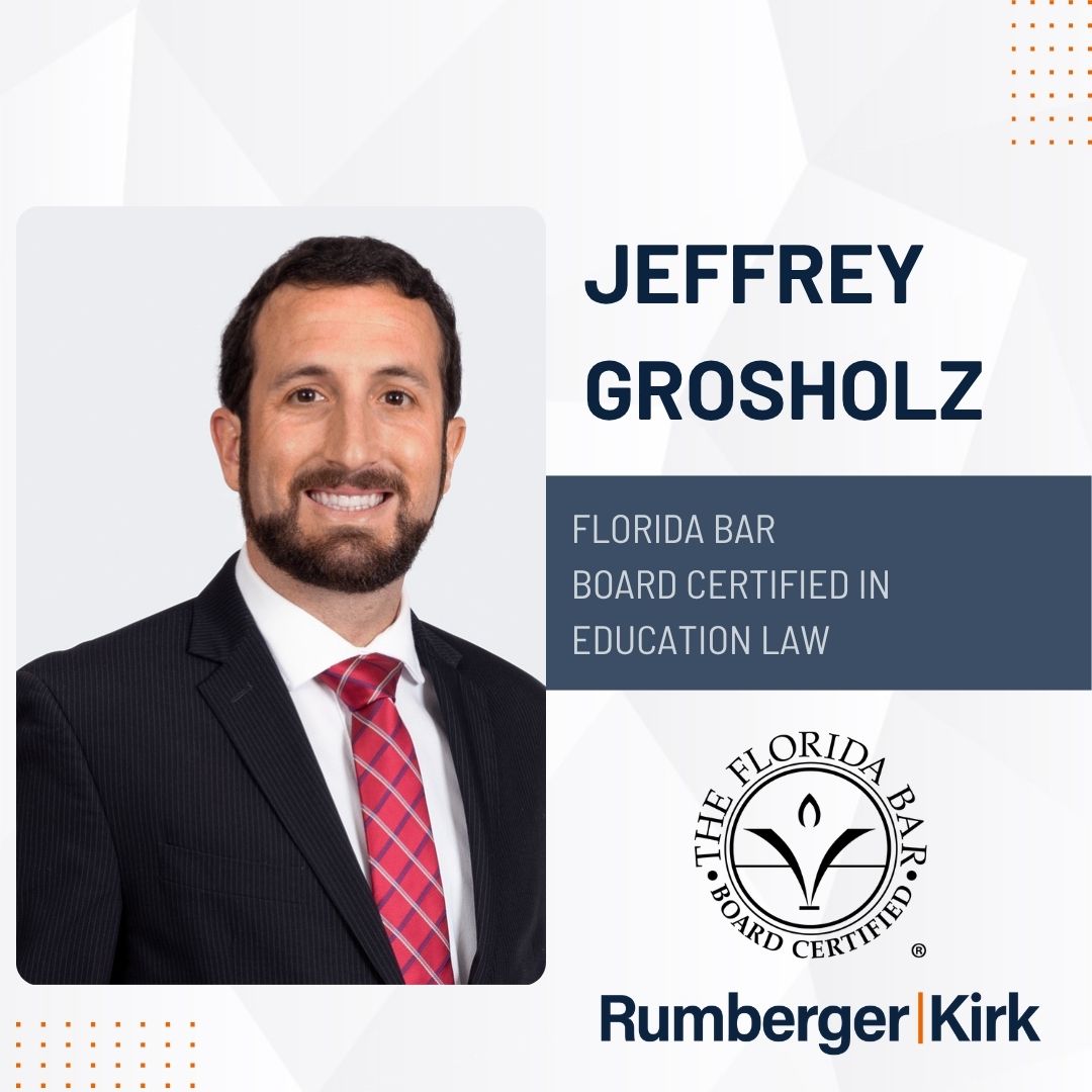 rumbergerkirk's tweet photo. Congratulations to @RumbergerKirk’s Jeffrey Grosholz on earning board certification in Education Law from @TheFlaBar.

Read more: https://t.co/OchFiuMvfO

#EducationLaw #BoardCertified #RumbergerKirk https://t.co/RlgflgUsAY