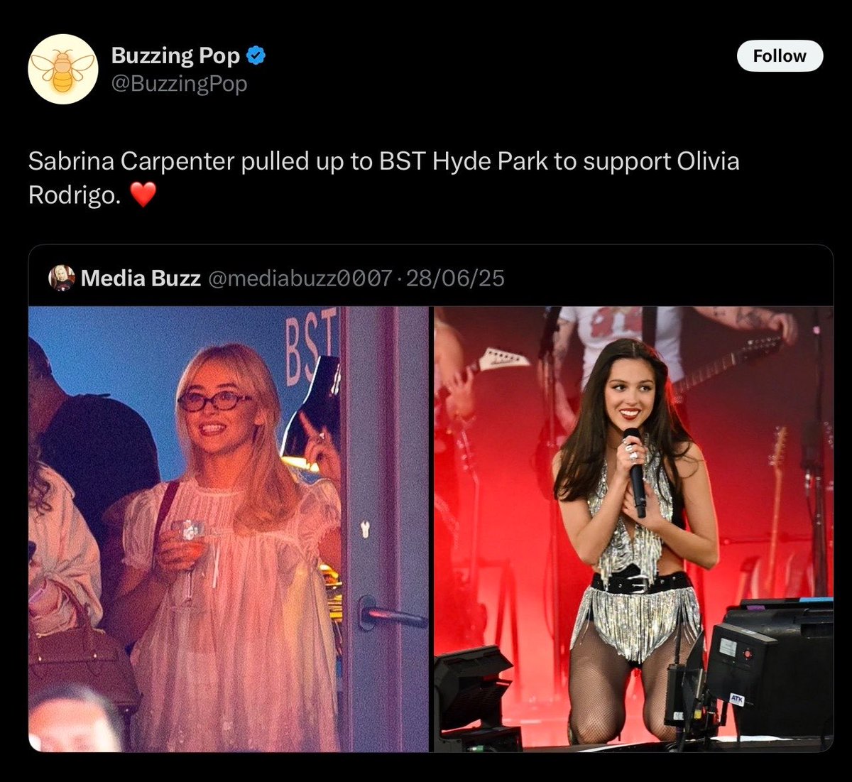 jessskally's tweet photo. This. Last year Sabrina attended Olivia's concert at Hyde Park, and even got the papz to take pics of her there. The real reason they're pissed is because once again Olivia was nothing but kind in her interview. They want her to talk shit so they can villainize her. https://t.co/zd6YHA8exs