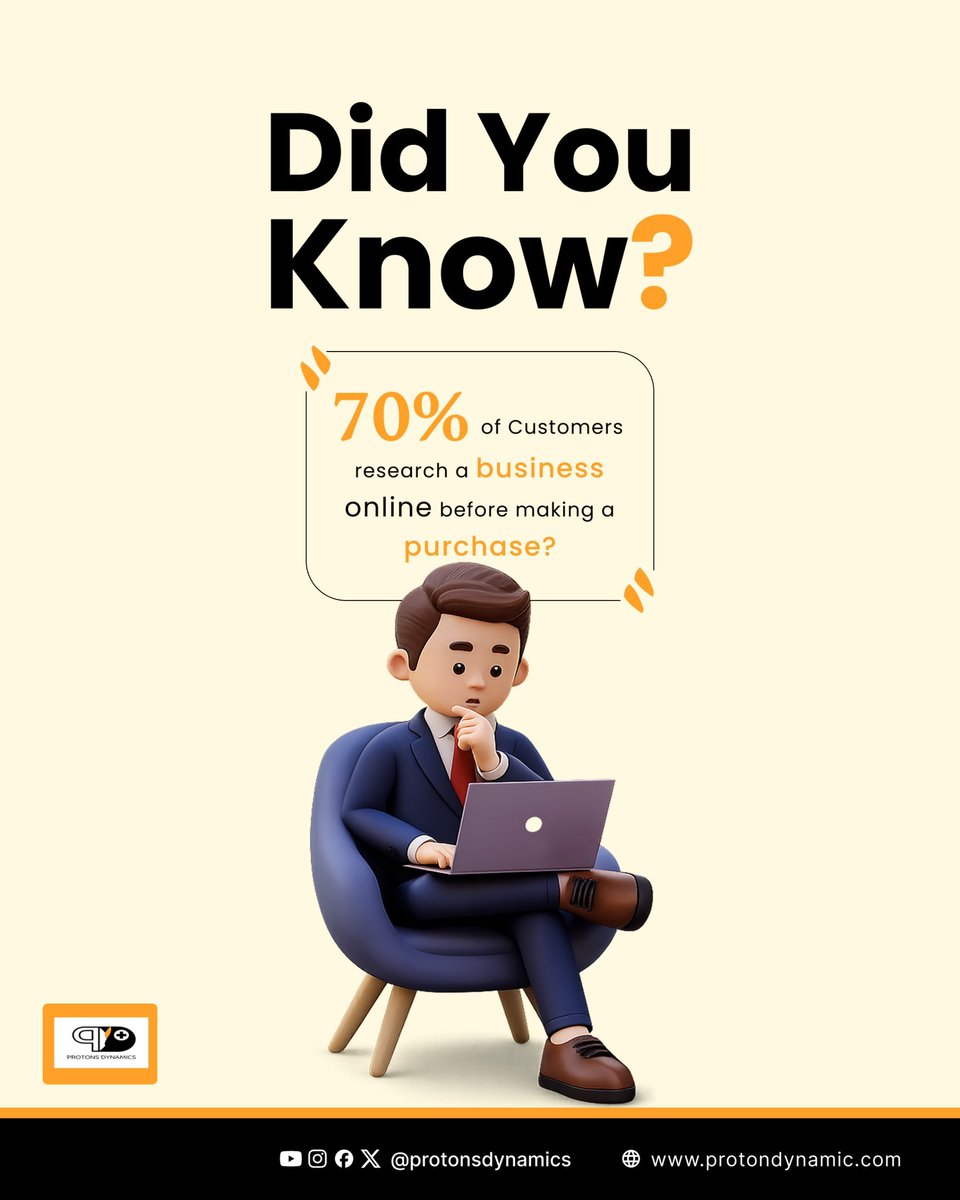 ProtonsDynamics's tweet photo. Over 70% of customers look up a business online before deciding to patronize.
People go online to:
- Find your business
- Learn about what you offer
- Read what other customers say
- Decide if they can trust your business
- Contact you easily when they're ready
#digitalmarketing https://t.co/cIDctyjdKU