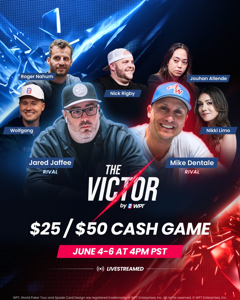 WPT's tweet photo. The Victor by @WPT ⚔️

🚨 TODAY at 4PM on ALL WPT CHANNELS 🚨

Jared Jaffee (@jaredjaffee21) vs Mike Dentale (@Itsasetup777) 🥊

$25 / $50 Cash Game 💰

The Rival with the biggest stack at the conclusion of play will be crowned The Victor, claiming both stacks as their prize 👑 https://t.co/s8QhsVYkFG