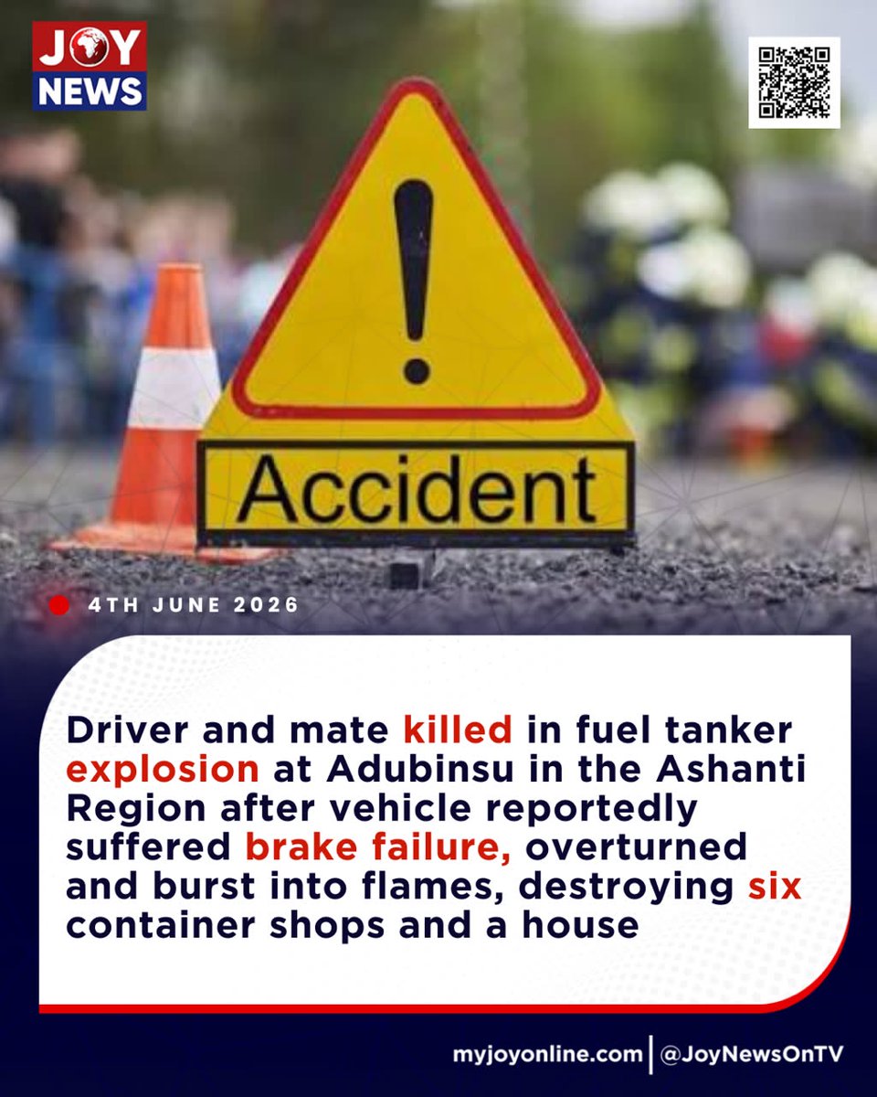 JoyNewsOnTV's tweet photo. Driver and mate killed in fuel tanker explosion at Adubinsu in the Ashanti Region after vehicle reportedly suffered brake failure, overturned and burst into flames, destroying six container shops and a house

#JoyNews #Ghana #JoyFM https://t.co/z4nludUWb5