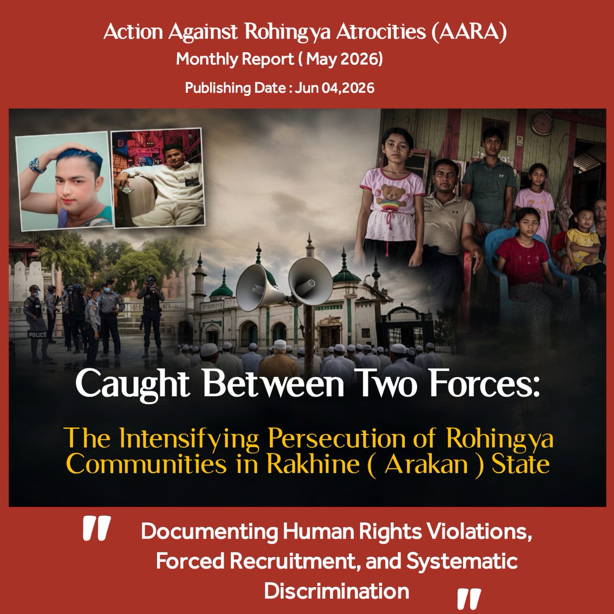 ActionRohingya's tweet photo. #Rohingya civilians are trapped between the Myanmar Military and the Arakan Army.

New AARA report: arbitrary detention, child conscription, religious attacks.

Read ⬇️
https://t.co/3nlIYhcIzb

#Rohingya #Myanmar #AARA
@AJEnglish @hrw @FortifyRights @ROHRIngya https://t.co/5eV9j37jRu