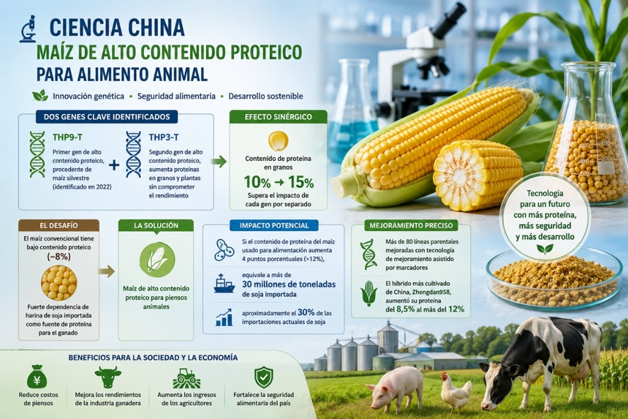 ChinaEmb_Bo's tweet photo. Científicos chinos lograron un avance relevante para la seguridad alimentaria mediante el desarrollo de maíz con mayor contenido proteico. 🌽
El equipo identificó los genes THP9-T y THP3-T, cuya combinación puede elevar la proteína del grano del 10 % al 15 %. Además, ya se han mejorado más de 80 líneas parentales de cultivos principales.🧬
Este avance podría reducir la dependencia de proteína importada para alimentación animal. Si el maíz destinado a piensos aumentara cuatro puntos porcentuales de proteína, el aporte adicional equivaldría a más de 30 millones de toneladas de soja importada.🚜
La ciencia agrícola abre nuevas posibilidades para producir mejor, cuidar recursos y fortalecer cadenas alimentarias.🧪
La nota completa explica este logro:
https://t.co/5c1yLyL0hj
#CienciaAgroalimentaria #MaízProteico #InnovaciónRural #ProducciónSostenible