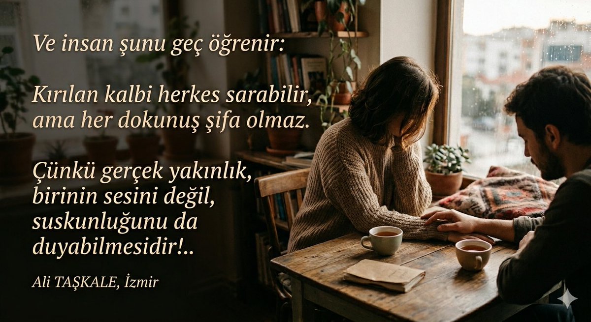 alitaskale's tweet photo. Ve
İnsan geç öğrenir,
Kırılan kalbi herkes sarabilir,
Ama
Her dokunuş şifa olmaz!..

Ali TAŞKALE ✍🏼
İzmir https://t.co/rmWXHqYrXt