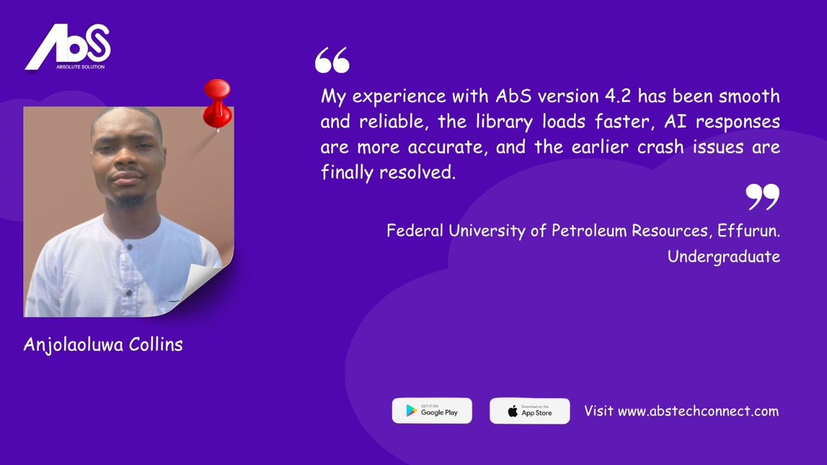 ABSTEAM01's tweet photo. Here's what Anjolaoluwa Collins has to say about the new AbS version! 🔥

A big thank you to this brilliant undergraduate of the Federal University of Petroleum Resources Effurun for the kind words! 💜 https://t.co/HpaeHS4N1I