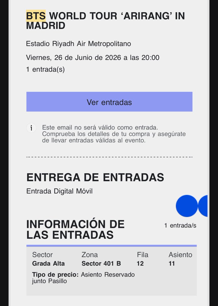 nutellaccia's tweet photo. ‼️I HAVE ONE TICKET TO “BTS WORLD TOUR ‘ARIRANG’ IN MADRID on 26th of JUNE‼️

i am selling one sitting tickets for BTS concert in Madrid.

📍Details:
Section: Granada Alta
Zone: 401 B
Line: 12
Sitting: 11

🎟️Price: €200

Favorisco le 🇮🇹😘
dm me if interested or for more info https://t.co/Jt6tTNKYus