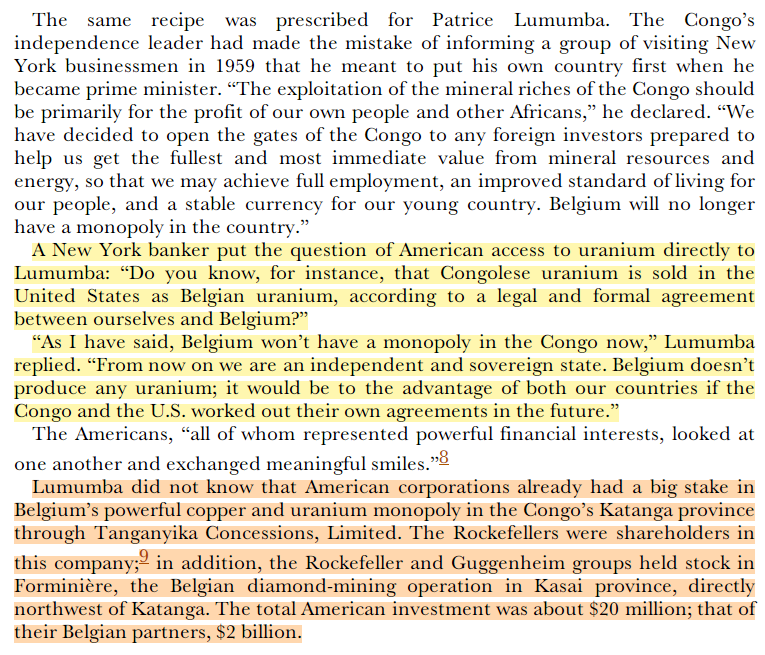 toxictiramisu's tweet photo. Patrice Lumumba's nationalist policies threatened Belgium's monopoly over Congo's mineral wealth, where Rockefeller held shares in Belgian mining firms. Rockefeller funded Human Ecology, and under MKULTRA Sidney Gottlieb was sent to the Congo w/ biological agents to kill Lumumba. https://t.co/2lcfnW5Xh4