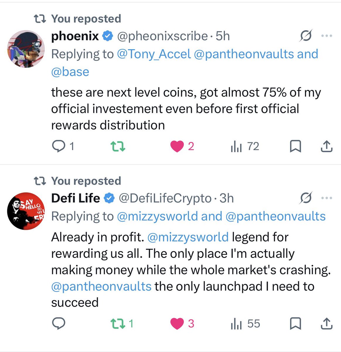 pantheonvaults's tweet photo. Most KOLs dump on their communities. 

Ours reward them. 

We promised a better class of asset from a better class of people. 

The feedback speaks for itself. 🏛️✊ https://t.co/cdHqMaznFj
