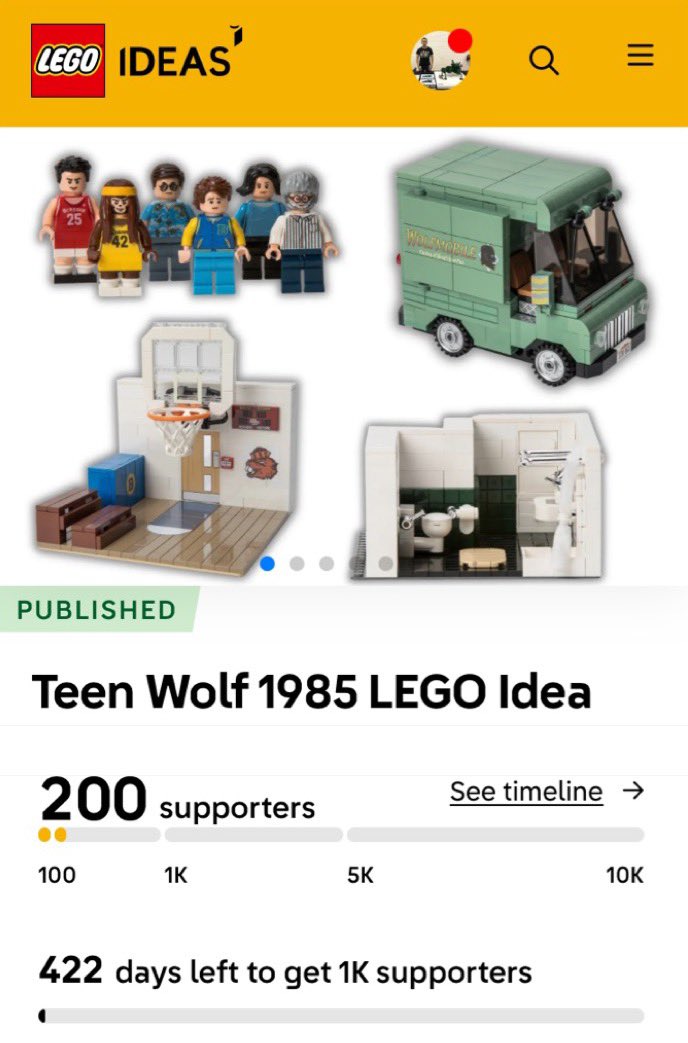 bobvintagebrick's tweet photo. Out Teen Wolf 1985 LEGO idea has reached 200 supporters in just 3 days! Thanks to everyone who’s supported so far. 10,000 supporters and it could become an official LEGO set! Please click the link 👉 https://t.co/kYY2eUdRGW and click ‘support’. In partnership @sturdyboyrich https://t.co/rlNT2vhe6p