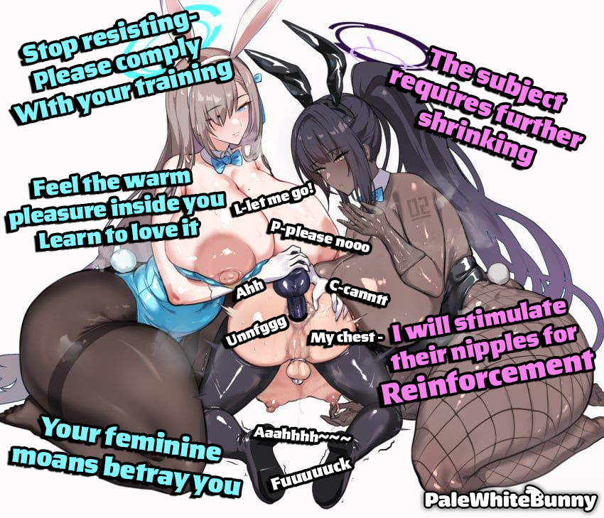 PaleWhiteBunny's tweet photo. You didn't think this is how it would go~💕 

The first night you encountered the two, you paid for a night with them, You couldn't resist those alluring bodies in those bunny-suits that left nothing for the imagination~🐰

They worshipped your body~ 🩷
Talked so sweet to you~  🩷
Giggled while they let you use every part of their perfect bunny bodies to your hearts content~ 🩷

Even after filling one bunny up, you had the stamina to breed the other to completion, Passing out in bed with them~

💙That's when you woke up in a strange place💙

The girls would keep you in your room, only letting you out with their escort, if you tried to leave they would just bounce their pretty bodies at you until you relaxed for them~

🌀Watch my breasts bounce, stop running, thats it🌀

They held you down, one sat on your face and kept you from breathing while the other force milked you~ Each time you came you could feel your body weakening 🔽, getting smaller🔽, even your cock felt smaller🔽. Then back to your room. Each day they became colder and colder, treating you like nothing but livestock to be 'handled'.

One day, they held you down even harder, they felt so strong now. They didn't even need to use their bodies to make you comply. They methodically stimulated your now perma-limp goonstick.🥰

Spurt for us baby boy, you have no choice now

After they milked you empty, They locked you tight in a cage- no keyhole to be found🔒

Your feminization sessions were intense. You became aware of what they were doing to you, but your fear and weak resistance were useless against them now.

Your begging for freedom would be slowly turned into girly moans and words of pleasure as they fucked your tight hole over and over and over every day.

Who knows what plans they have for you~ In fact i'd love to hear what you would want them to do to you in the comments~💋

#findom #2dfd #feminization #goon #captions