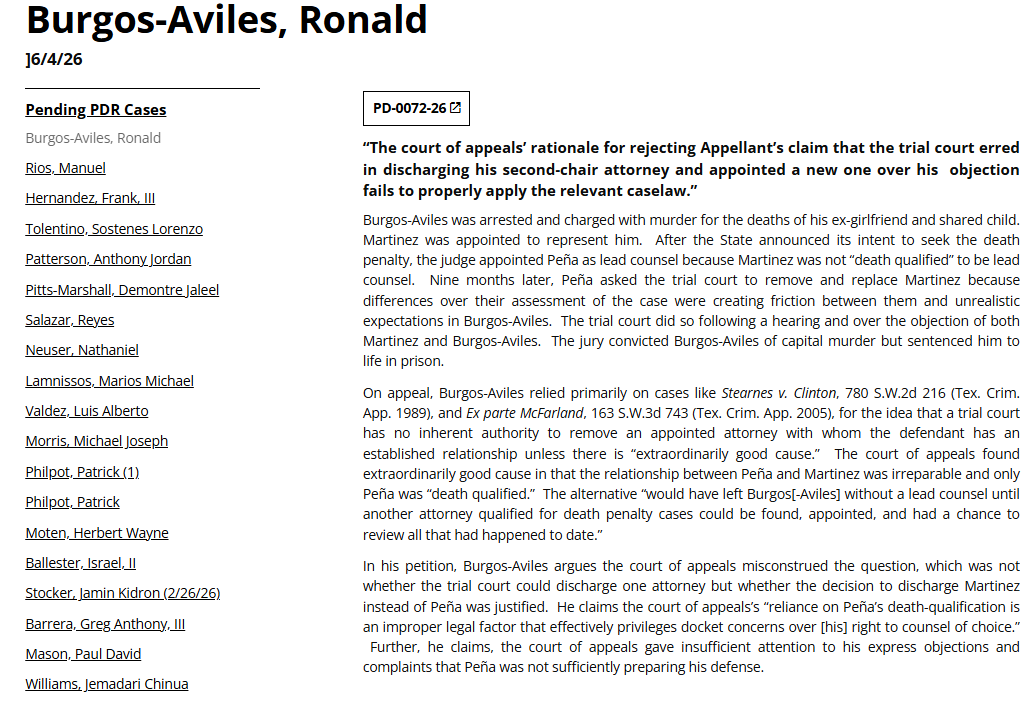 OSPATX's tweet photo. Burgos-Aviles, PD-0072-26, granted 6-4: “The court of appeals’ rationale for rejecting Appellant’s claim that the trial court erred in discharging his second-chair attorney and appointed a new one over his  objection fails to properly apply the relevant caselaw.” https://t.co/FV1aE97oLC