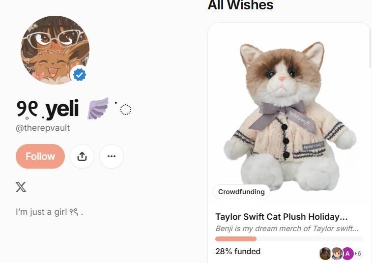 sullytbh's tweet photo. Posting @therepvault13's link since she's taking a break from posting her own link.

She's currently at 28% funded on her dream Cat Plush. She's the biggest Taylor Swift fan so this would mean the world to her. 

Please go check out her Throne 💛
https://t.co/sqyKjwO06x https://t.co/IUb04gYhDT