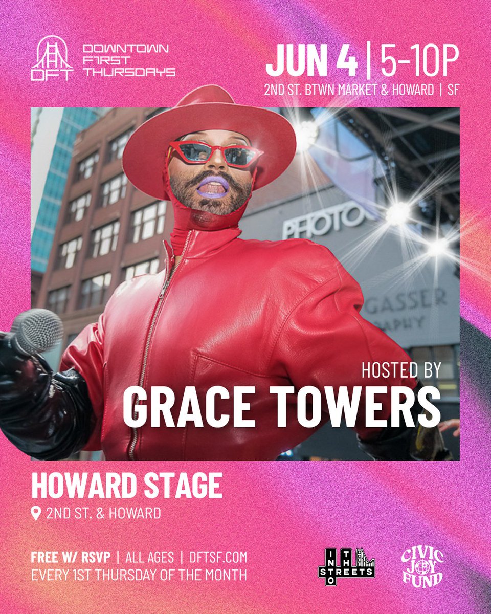 SF_DDC's tweet photo. 🌈✨Downtown First Thursdays returns TONIGHT for a special Pride Month celebration!

Join us for an evening of art, music, community, and culture in the heart of downtown San Francisco.

📅Thursday, June 4
⏰ 5-10 PM
📍 2nd Street (between Market & Howard)

🔊A Discoteca Takeover @ Howard Stage hosted by @thegracetowers: featuring @davidharness and @b0nitababy (presented by @apeconcerts), @goodvbzparty, and @oaklandtoall with a ballroom set.

🖼️ FREE admission to @MoADsf, featuring:
✨ UNBOUND: Art, Blackness & the Universe
✨ Jasmine Ross: Beauty Plus

🪩 D.A.D (Dudes and Disco) takes over Jessie Alley with disco, house, funk, and more.

🌴 @boomboombayarea takes over the Natoma Cabana Dance Hall, bringing a pop party with a Brazilian twist - global beats, baile funk, and bombazos latinos all night long.

✨ Come celebrate Pride, discover new artists, and dance your way through downtown!

Made possible with support from @Civic_Joy_Fund, @IntotheStreetsSF, @visitYerbaBuenaSF, and contributions from the DDC, @Ripple, Bob and Randi Fisher of the @PiscesFoundation, and @Salesforce.