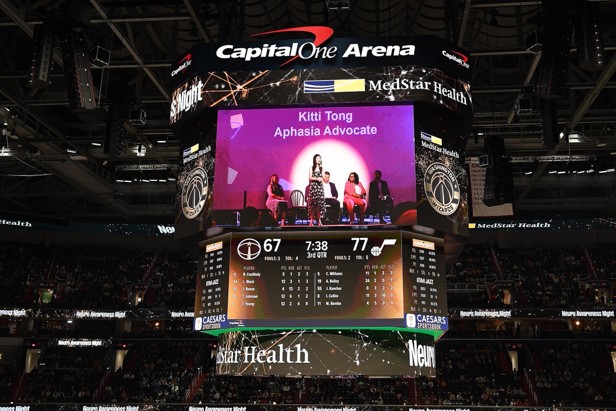 MedStarHealth's tweet photo. This Aphasia Awareness Month, we’re looking back on our incredible Neuro Awareness Night with the @washwizards. We hosted our patient, Kitti Tong, who is living with aphasia, a neurological condition that affects communication and is often caused by a brain injury or stroke. https://t.co/XQOWC6Jwao