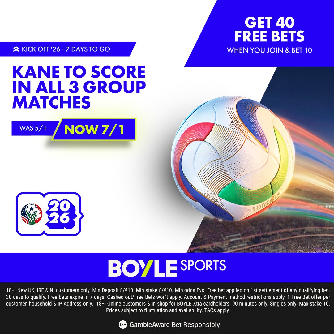 WolfsTips's tweet photo. 🏴󠁧󠁢󠁥󠁮󠁧󠁿 Kane to score in all 3 group matches was 5/1, now 7/1 with BOYLE Sports 🚀

Bet £10 Get £40 in free bets: https://t.co/tLjil2zGnS

#Ad | 18+ | New Customer Offer | T&amp;C’s Apply | https://t.co/pqhi5t7V2Y | BET Responsibly | https://t.co/o3ouUp1FHF