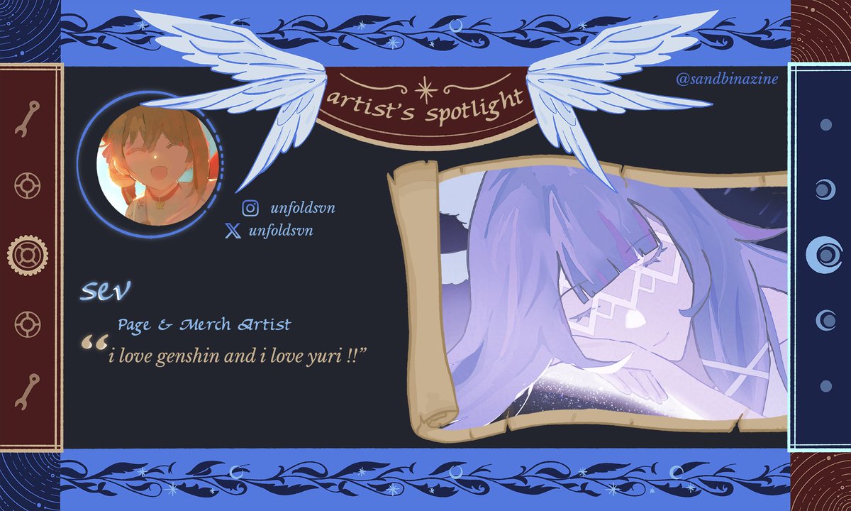 sandbinazine's tweet photo. 🌕💞⚙️ Contributor Spotlight 🌕💞⚙️

Next up on our contributor line-up, please welcome our amazing page and merch artist @unfoldsvn, who loves Genshin and yuri, her style boasting soft lines, pastel colours and ethereal character designs. 🏵️

#GenshinImpact #Sandrone #Columbina https://t.co/lnSvH0EZBe