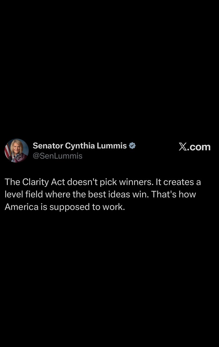DustyBC's tweet photo. 🚨𝗝𝗨𝗦𝗧 𝗜𝗡: 🇺🇸Senator Cynthia Lummis says 

“The Clarity Act doesn't pick winners. It creates a level field where the best ideas win. That's how America is supposed to work.” https://t.co/hsXokEDeey
