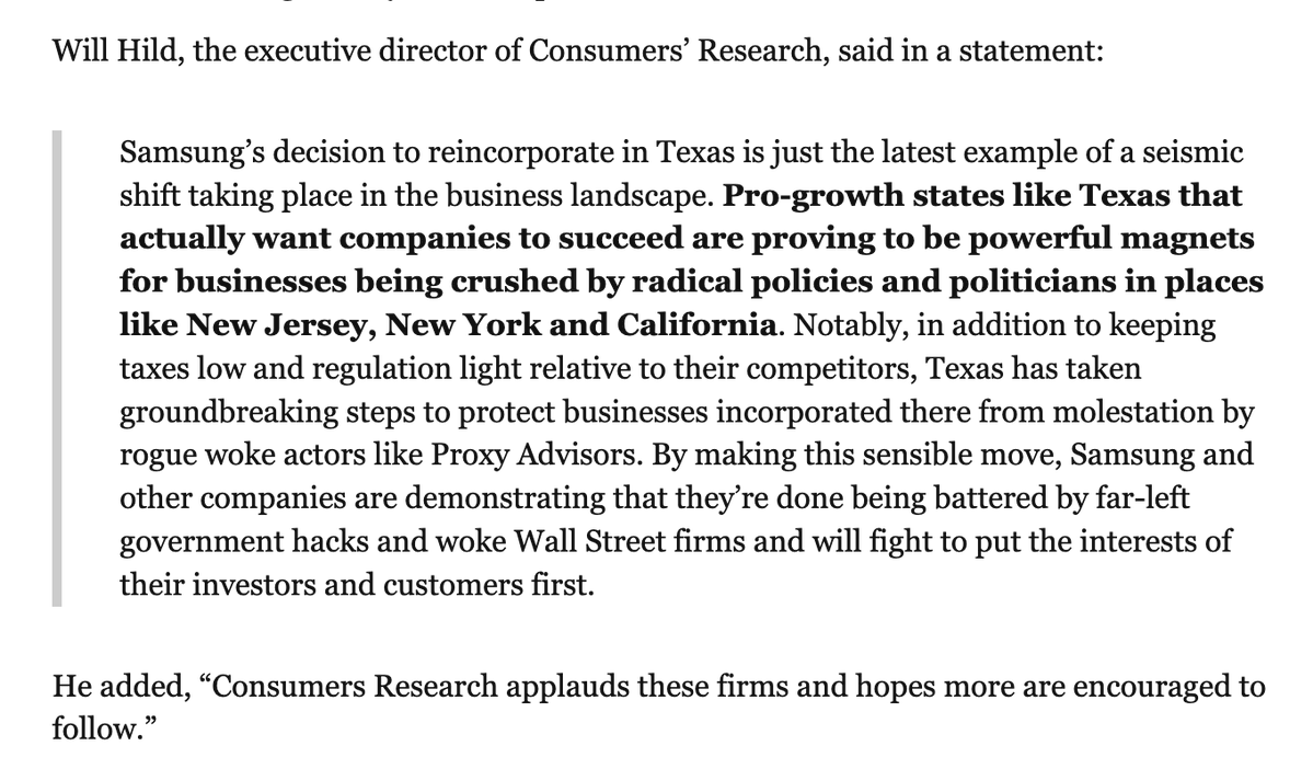 ConsumersFirst's tweet photo. Texas has taken steps to protect businesses from woke proxy advisors and build a pro-growth landscape.

Companies are responding with their feet.

Our Executive Director @WillHild on Samsung’s move to reincorporate in Texas:

📰 @BreitbartNews https://t.co/3YGZSlGxlI