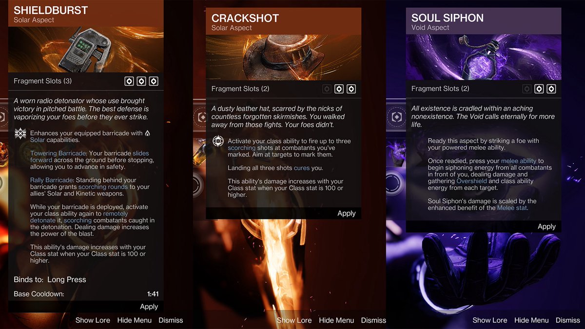 D2_Director's tweet photo. New Aspects Coming in Monument of Triumph

Titan — Shieldburst (Sunbreaker)
• New Aspect that enhances your Barricade with Solar capabilities
• Rally Barricade grants Scorching Rounds to you and allies
• Remotely detonate your Barricade to scorch enemies

Hunter — Crackshot (Gunslinger)
• New Aspect that lets you mark targets and fire up to 3 scorching shots
• Landing all 3 shots cures you

Warlock — Soul Siphon (Voidwalker)
• New Aspect that is readied with a powered melee
• Drain enemies in front of you
• Gain Overshield and class ability energy for each target drained

Arrives June 9 with Monument of Triumph.

Source: https://t.co/6YokBHfLGu