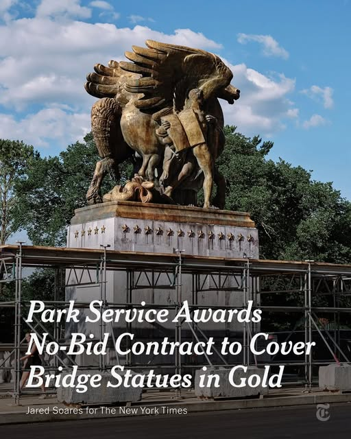 JamesTate121's tweet photo. Everything is a grift to steal money and we pay for it.

The Trump administration handed out a no-bid contract to cover four statues near the National Mall in 23.75-karat gold leaf, and decided that this job needed to be done before the country’s 250th birthday. Originally estimated to cost $2.4 million, the government will now spend $5 million to restore the bronzes. Read more: https://t.co/4KVMLtvp7n