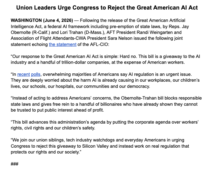 afa_cwa's tweet photo. .@rweingarten and @FlyingWithSara released the following statement: 
“Our response to the Great American AI Act is simple: Hard no. This bill is a giveaway to the AI industry and a handful of trillion-dollar companies, at the expense of American workers." https://t.co/VmqhsEf1sO https://t.co/w8DP0AqO1u