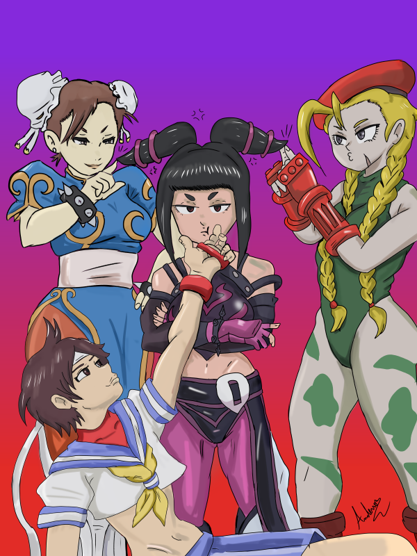 Darkigan's tweet photo. Juri sendo importunada pelas três.
Jury being bothered by the three of them. #Juri #Chunli #Sakura #Cammy #streetfighter #capcom https://t.co/hwNz5Juv3Z