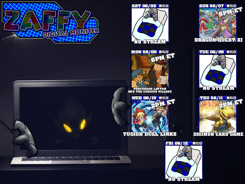 ZaffyVT's tweet photo. This coming week's schedule!
No stream on Saturday since I'll be at Comic Con all day, so the Sat/Sun streams are pushed back one day.
Also next week, we're gonna start doing some mid-day weekday streams! Shorter stream, typically card games, before I go in to work that night! https://t.co/13XgPk2N4H