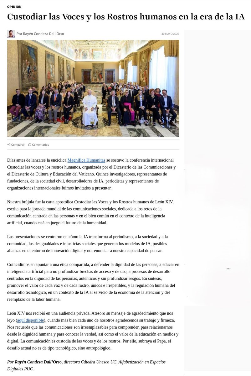 fcomuc's tweet photo. La profesora Rayén Condeza participó en la conferencia internacional "Custodiar las voces y los rostros humanos", organizada por el Vaticano para reflexionar sobre los desafíos e impactos de la IA y posibles alianzas en el entorno de innovación. Los invitamos a leer su reflexión. https://t.co/7W95tdFjcJ