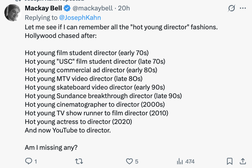 JuanchoS's tweet photo. Film student is already late 60s, and they really didn't care- USC, UCLA, AFI.

Ad director was by late 70s.
Video director was early to mid 80s.

Cinematographer has always been a thing, but it's historically the most hit-or-miss move. A lot of people have theories on this. https://t.co/xpwhMmNSLv