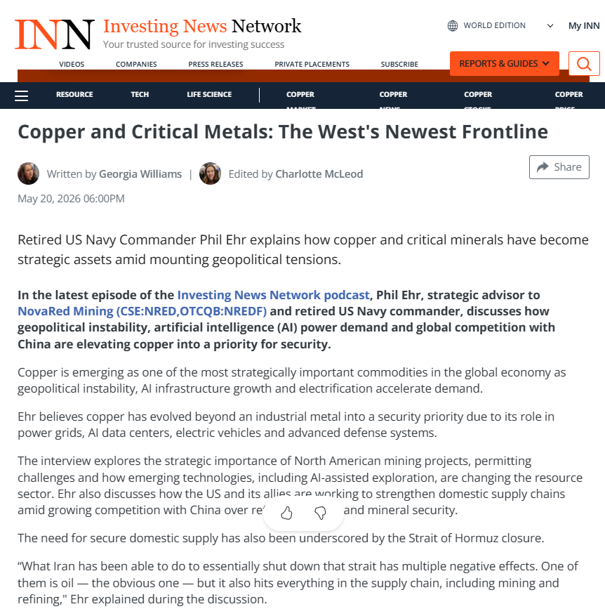 NanNan86326503's tweet photo. Copper producers are spending billions just to keep supply alive. That is the part traders miss.

Codelco has 56 owned projects in Chile with total investments around US$20.99B. By 2030, forecasts point to 53 projects potentially completed with US$16.51B in investment.

And still Q1 output dropped 8.1%.

That is why the copper bull case is bigger than price. New supply is hard, slow and expensive.

My NovaRed Mining Inc. ( CSE: $NRED / OTC: $NREDF ) setup:

Current: C$1.80
Today: +2.86%
Historic run: C$0.05 - C$2.33
Return: +3,760%
Wilmac: 16,078 ha / 39,733 acres
Option: 70%
Distance to Copper Mountain: about 10 km

Level map:

C$1.80 hold = alive
C$1.95 first wall
C$2.15 momentum trigger
C$2.33 retest
C$3.25 bigger swing

This is still high-risk junior exploration, but the copper supply math keeps getting better for the bull case.

This is for informational purposes only, not trading advice.

$ADT $NEAR $STRC