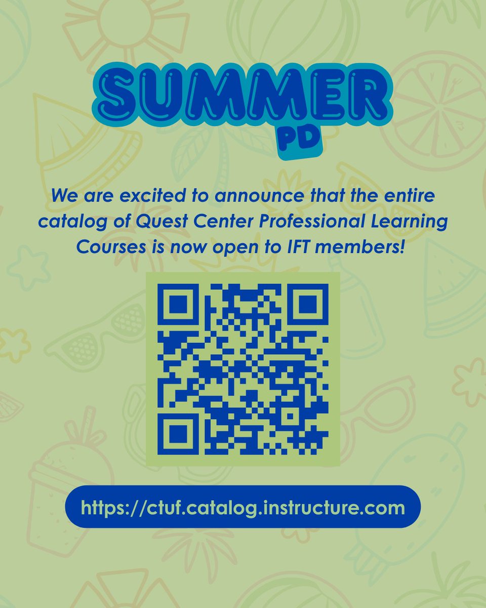 iftaft's tweet photo. We are excited to announce that the entire catalog of Quest Center Professional Learning Courses is now open to IFT members! That means affordable courses that earn PD credit - all available online. Check out the courses offered and then register at https://t.co/Wv4fqVR8ki. https://t.co/gk6xsXBq82