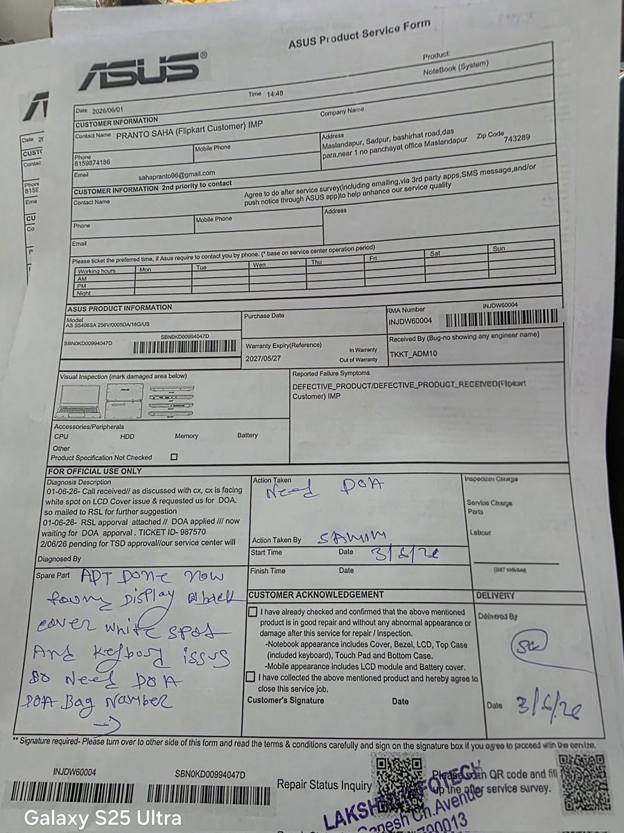 PRANTO_SHA's tweet photo. Dear Flipkart Team / Grievance Officer,  @flipkartsupport @Flipkart
I am writing to register a formal complaint against the wrongful and fraudulent rejection of my replacement request for an ASUS laptop purchased recently via Flipkart.

Here is the timeline of events:
1. Product Delivery & Inspection: On the day of delivery, during the Open Box inspection, a major defect (white spot on the back panel) was discovered. I have the entire process recorded on video.
2. Replacement Raised & Technician Visit: I raised a replacement request immediately. A technician visited my residence on June 3, 2026.
3. Verification & DOA Issued: The technician thoroughly inspected the laptop, confirmed the defect, officially issued a DOA certificate to me, and completely sealed the product pack for return. He stated the product was ready for replacement.
4. Arbitrary Rejection: Today afternoon, I received an SMS stating that my replacement request was rejected based on "technician feedback". This is completely false and a blatant lie, as the technician himself gave me a DOA certificate.
5. Poor Support: I tried contacting customer support thrice today, but the executives kept the call silent for over 2 minutes each time without responding.

I have strong evidence supporting my claim. Attached to this email are:
1. A copy of the official DOA Certificate issued by the technician.
2. Photograph of the sealed laptop box packed by the technician.
3. Screenshot of the unfair rejection message from Flipkart.

If Flipkart fails to approve my replacement or issue a full refund immediately, I will be forced to file an official case with the National Consumer Disputes Redressal Commission (NCDRC) / National Consumer Helpline (NCH) without any further delay.

I expect a swift response and resolution.