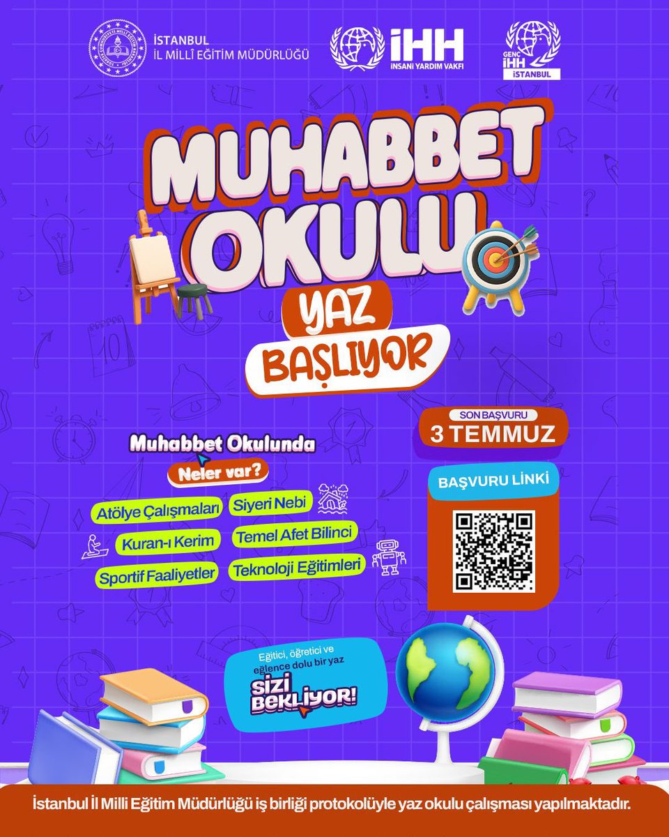 ihhinsaniyardim's tweet photo. İstanbul Genç İHH Muhabbet Okulu Yaz Programı Başlıyor!

🎯 Program İçeriği:
• Kur’an-ı Kerim
• Siyer-i Nebi
• Atölye Çalışmaları
• Teknoloji Eğitimleri
• Sportif Faaliyetler
• Temel Afet Bilinci

🌱 Manevi gelişim, sosyal etkinlikler ve eğitici faaliyetlerle unutamayacağın bir yaz seni bekliyor.

📅 Son Başvuru Tarihi: 3 Temmuz

• Ortaokullu öğrencilere yöneliktir.

⛓️‍💥Detaylı bilgi ve başvuru için;
👉🏻https://t.co/6WpTB25IIG