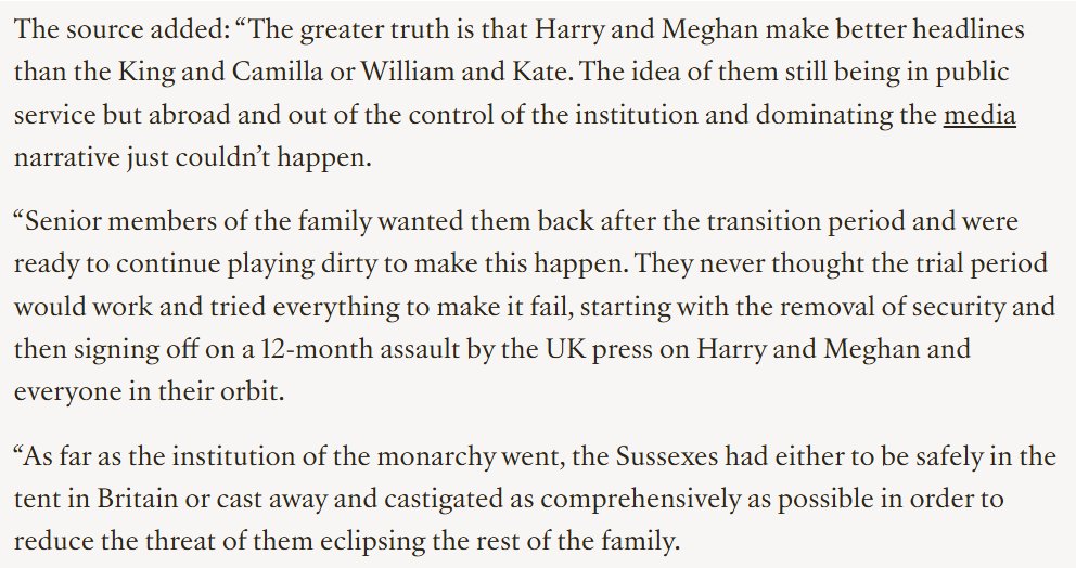 Ordinarypathta1's tweet photo. It's a smear campaign sanctioned by the palace. The palace is worried that Harry and Meghan philanthropy would overshadow its popularity and relevance. 

It's also making the tabloid media a lot of revenue pandering to the lowest common denominator. But watching the UK media twist into a pretzel and go scorched earth in order to malign the couple sometimes gives me a chuckle.