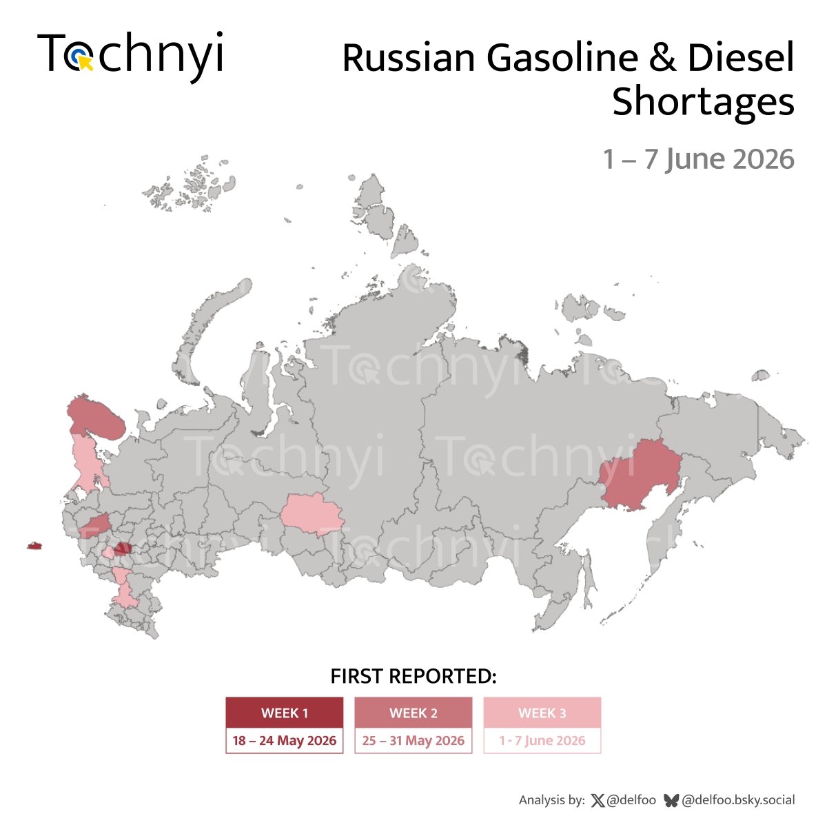 delfoo's tweet photo. Updated map of the regions of Russia where there are shortages of gasoline or diesel. As always it's worse in the occupied territories. Adding 5 regions to the list of those that have fuel shortages. Voronezh, Karelia, Tomsk, Rostov and Tula. https://t.co/vjHOIeKfgT