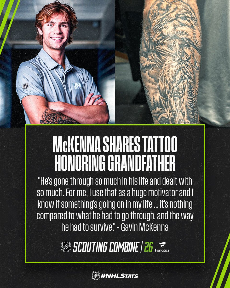 NHLPR's tweet photo. Gavin McKenna has a tattoo that pays tribute to his grandfather, Joe – a cabin in the mountains in the Yukon Territory near McKenna's home in Whitehorse, along with a moose and a wolf, honoring his Indigenous roots, which trace back through his grandfather.

 More from the #NHLScoutingCombine: https://t.co/fbNk3aPiAa