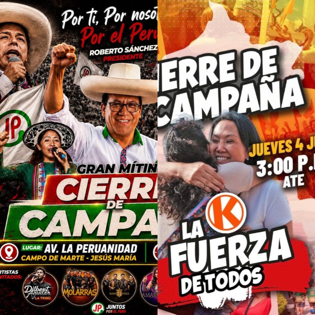 luisclaros3's tweet photo. Roberto Sánchez realizará su mitin de cierre de campaña en la Av. de la Peruanidad (Campo de Marte) en Jesús María, mientras que Keiko Fujimori lo hará en la explanada sur del estadio Monumental (Arena) en Ate. Por ley electoral, todo debe terminar antes de la medianoche. https://t.co/FCjhKO3Lvy