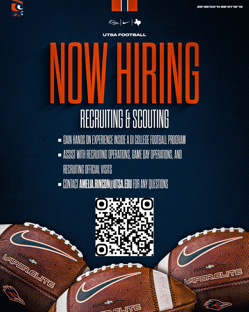 UTSAFTBL's tweet photo. 𝓦𝓮’𝓻𝓮 𝓱𝓲𝓻𝓲𝓷𝓰 

Come help us find the newest Roadrunners! 

🗒️Must be a student to apply! 

#210TriangleOfToughness | #BirdsUp🤙 https://t.co/p4oIaTgcpd