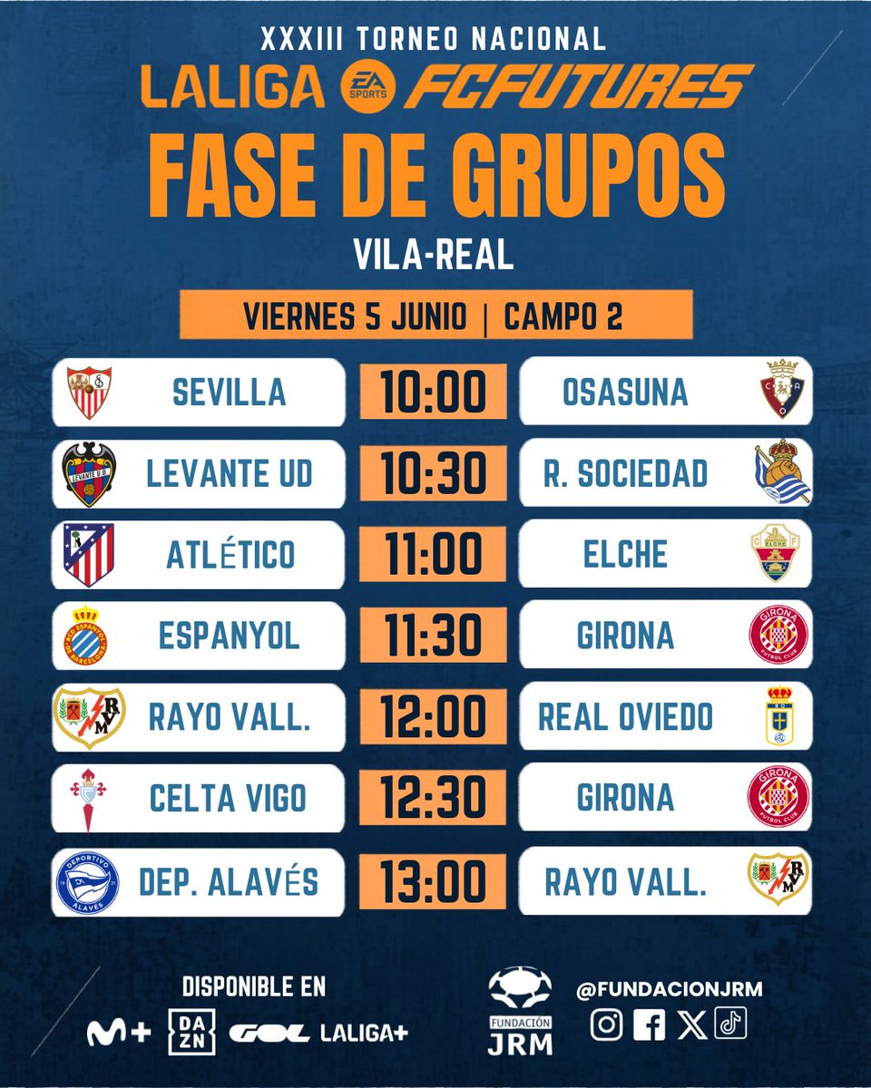 fundacion_JRM's tweet photo. 🚨 HORARIOS 🚨

⏰ Estos son los horarios para mañana en Campo 1, Campo 2 y Campo 3 

✍️ ¡No te pierdas ninguno!

📍 Ciudad Deportiva Pamesa
 
🎟️ Entrada gratuita

📺 También por @MovistarPlus @DAZN_ES  @Gol y @LaLigaPlus 

#laligafcfutures #fundacionjrm #torneo #horarios https://t.co/guquTFUxsh