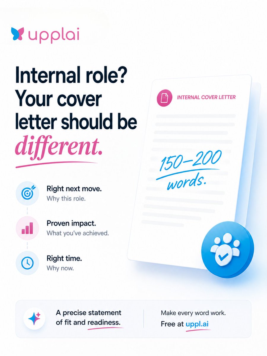 upplai's tweet photo. A cover letter for an internal role at your current company is completely different from one for an external application. Most people send the same version and wonder why it does not land.
When applying internally:
#CoverLetter #InternalPromotion #CareerAdvice #Upplai https://t.co/PQYi2Jv8jG