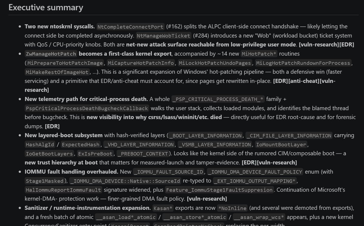 ergrelet's tweet photo. Took some time to improve a few things on WinDiff (added permalinks, filtered out empty results) and added a Claude skill to use WinDiff to produce quick security-oriented diff analyses between binary/OS versions. Feel free to try!

https://t.co/PGZn1TcN1I https://t.co/YIT7SaaJ3t