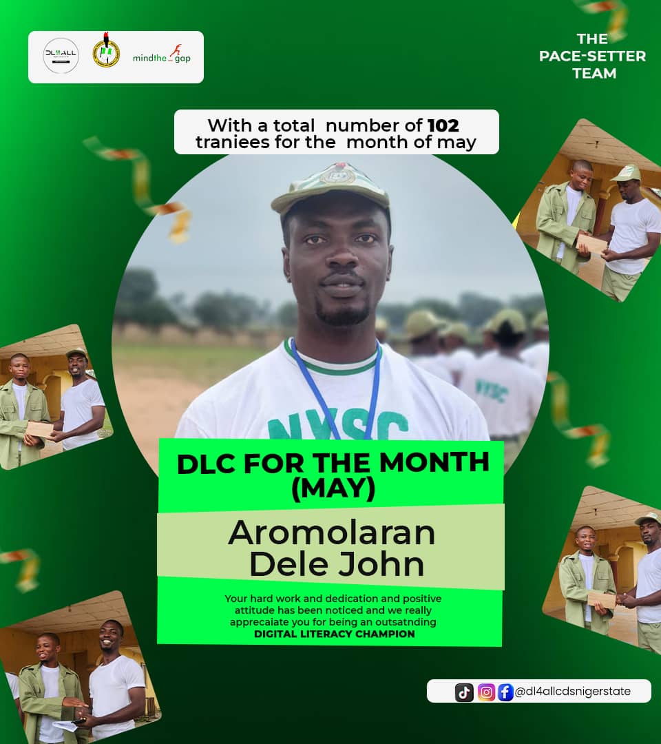 DL4AllNigerSt's tweet photo. For the month of MAY, we proudly celebrate *Aromolaran Dele John* for emerging as the Digital Literacy Champion (DLC) of the Month with a total of 102 verified trainees.
Who will be the next DLC of the Month (JUNE)? Watch out!!!
#DL4AllNigerstate
#NITDA
#NYSCNigerState https://t.co/VlLDOKBrCl