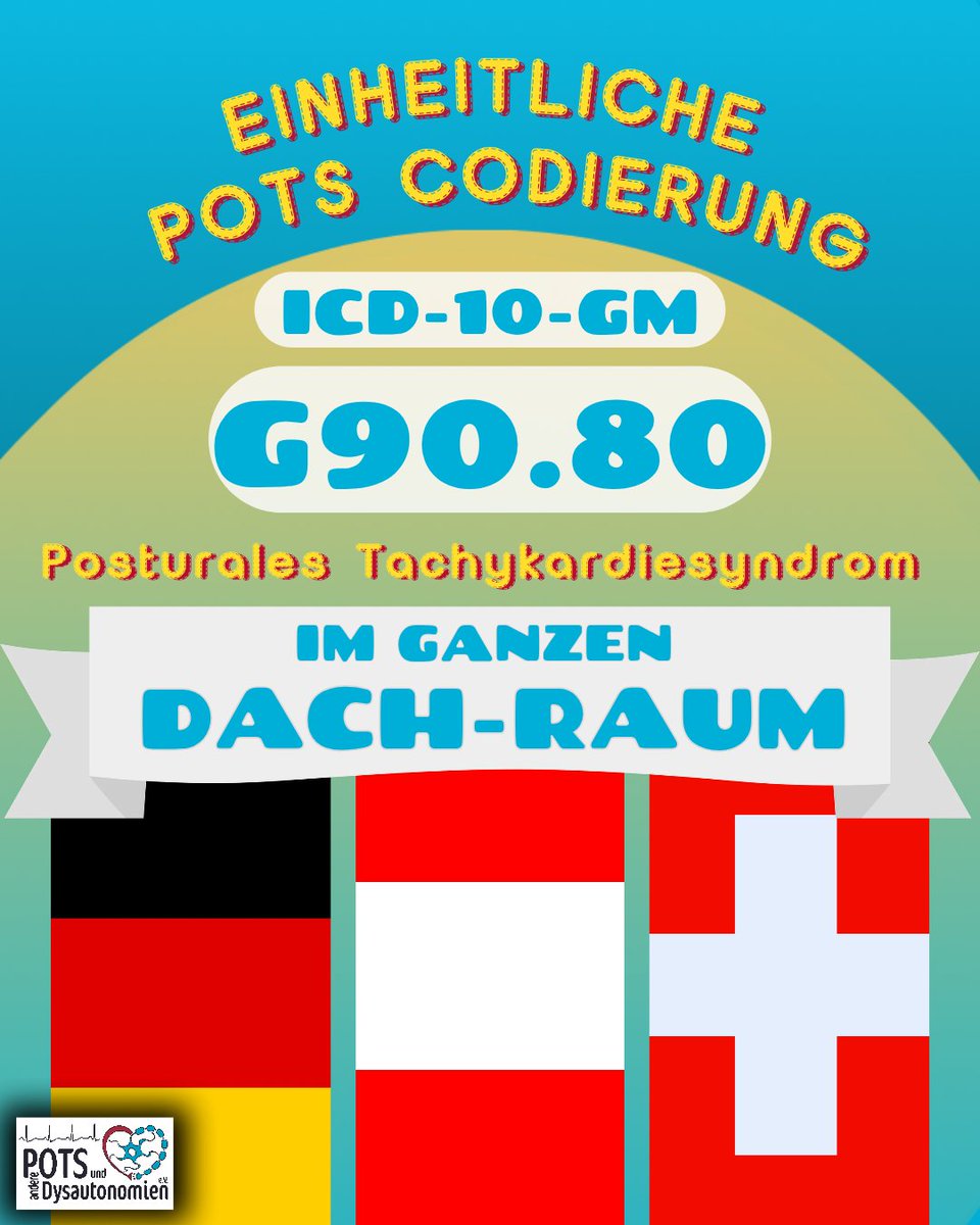 PoTSDys's tweet photo. 2022 beantragten wir beim BfArM eine eigene PoTS Codierung.

2024 erreichten wir im ICD-10-GM die Codierung G.90.80 - Posturales Tachykardiesyndrom (PoTS).

👉 Dieser Code wird inzwischen im gesamten DACH-Raum einheitlich verwendet https://t.co/wLBrykEs4B