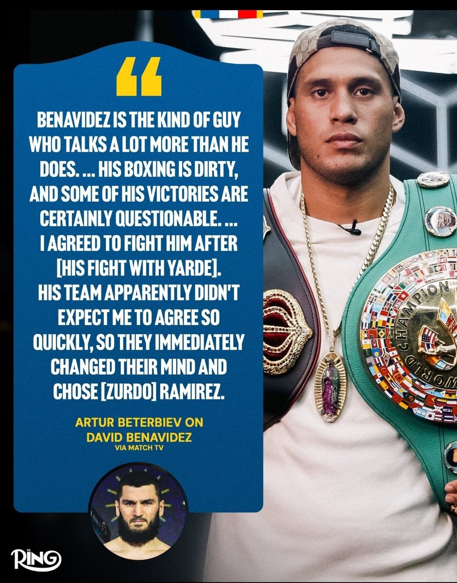 RayBill2's tweet photo. Shots Fired 💥💥💥💥💥

Artur Beterbiev says he agreed to fight David Benavidez after his fight with Yarde &amp; they 🦆'ed him for Gilberto "Molasses" Ramirez 🫢

Your thoughts???
@2ToneDaSupastar @AdamsBoxingShow @BoxingEnth @iqnewz @djviggi @BOXINGnBBQ @Sourceofboxing @ESBRBoxing https://t.co/NHwQnHWa2L
